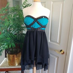 Strapless Sweetheart Embellished Hi Low Dress Blue Black